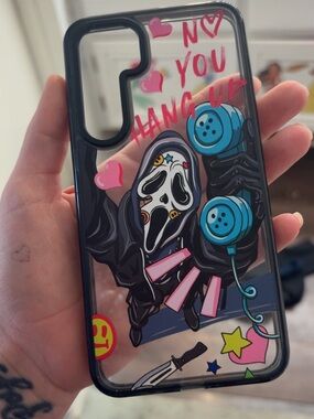 Clear Decorative Phone Case with Pink & Blue Graphic Design